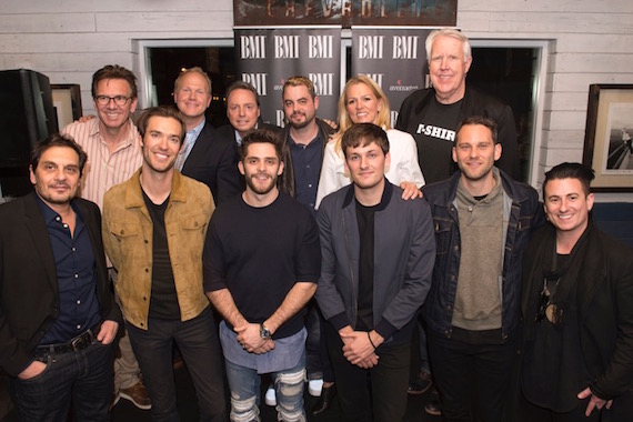 (L-R): Back Row  Producer Dann Huff, EMI Blackwoods Troy Tomlinson, BMIs Jody Williams, Warner Chappells Marc Wilson, BMIs Leslie Roberts, The Valory Music Co.s George Briner Front Row  Big Deal Musics Pete Robinson, Die A Happy Man songwriter Sean Douglas, Thomas Rhett, Die A Happy Man songwriter Joe London, Big Deal Musics Casey Robinson, Producer/Crash And Burn songwriter Jesse Frasure 