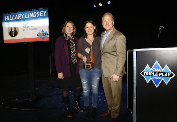 Pictured (L-R): Sarah Trahern, CMA Chief Executive Officer; Triple Play Award recipient and reigning CMA Song of the Year Award winner Hillary Lindsey; and host Troy Tomlinson, President and CEO of Sony/ATV Music Publishing. Photo: Donn Jones / CMA