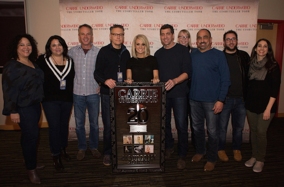 Pictured (L-R): Sony Music Nashville Marketing Director Rachel Fontenot, Sales VP Caryl Healey, Promotion & Artist Development EVP Steve Hodges, and Chairman & CEO Randy Goodman; Carrie Underwood; Sony Music Nashville EVP/COO Ken Robold; Ann Edelblute, Carrie Underwoods manager (The HQ); and Sony Music Nashville Marketing Sr. VP Paul Barnabee, Marketing & Media Mgr Bob Foglia, and Digital Strategy VP Sarah Westbrook. Photo: Jeff Johnson  