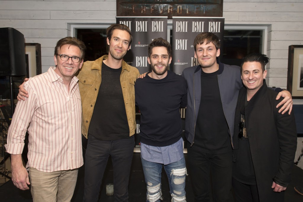 Photo Caption (L-R): Producer Dann Huff, Die A Happy Man Songwriter Sean Douglas, Thomas Rhett, Die A Happy Man Songwriter Joe London, Producer/Crash And Burn Songwriter Jesse Frasure. Photo: Erika Goldring