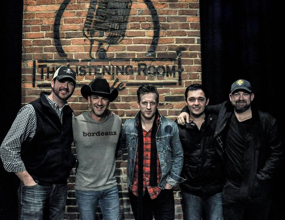 Pictured (L-R):  Listening Room owner Chris Blair, Craig Campbell, Keifer Thompson, Cole Taylor, and Kristian Bush. Photo: Ken Calcaterra. 