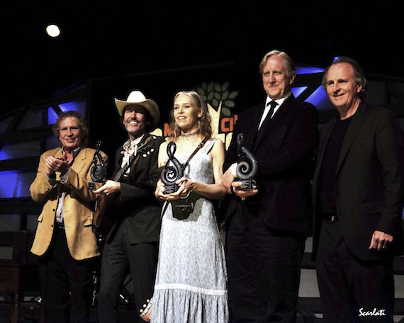 Pictured (L-R): Berklee songwriting professor Pat Pattison, David Rawlings, Gillian Welch, T Bone Burnett, and Berklee President Roger Brown. 