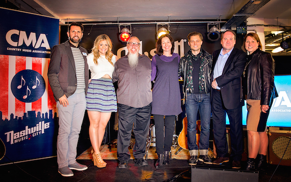 Pictured (L-R): Damon Whiteside, CMA Senior VP of Marketing and Strategic Partnerships; Lauren Alaina; John Marks, CMA Board member and Spotify Global Senior Editor/Music Programmer, Country; Maria Molin Ljunggren, CMA Board member and Capitol Music Group AB - Sweden; Frankie Ballard; Bob Shennan, CMA Board member and BBC Director of Music; and Sarah Trahern, CMA Chief Executive Officer. Photo: Anthony D'Angio/CMA