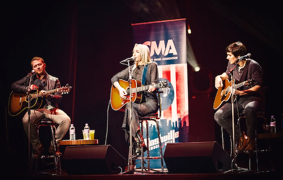 Pictured (L-R): Shane McAnally, Ashley Monroe, and Charlie Worsham perform during the CMA Songwriters Series Thursday at indigo at The O2 in London. Photo: Anthony D'Angio/CMA