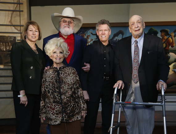 CMA CEO Sarah Trahern and Brenda Lee with inductees Charlie Daniels, Randy Travis and Fred Foster at CMA's 2016 Country Music Hall of Fame Inductees announcement on Tuesday, March 29 at the Country Music Hall of Fame and Museum in Nashville. Photo: John Russell/CMA