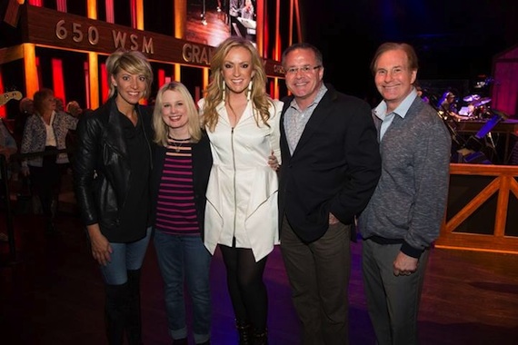 Pictured: (L-R): Stephanie Wright, UMG Nashville VP of A&R; Cindy Mabe, UMG Nashville President; Clare Dunn; Pete Fisher, Grand Ole Opry VP/GM; Butch Waugh, Red Light Management. Photo: Chris Hollo for the Grand Ole Opry