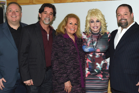 Pictured (L-R): Webster PR's Kirt Webster, APA's Steve Lassiter and Bonnie Sugarman, Parton, and CTK Mgmt's Danny Nozell. Photo: Rick Diamond