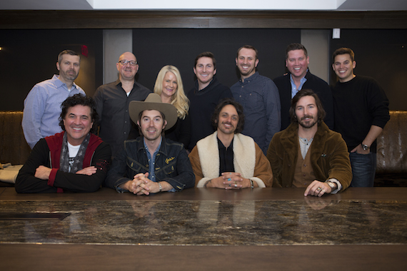 Pictured (L-R, Back Row): Andrew Kautz, BMLG; Jack Purcell, BMR; Allison Jones, BMLG; John Zarling, BMLG; Todd Ramey, Sandbox Entertainment; Jason Owen, Sandbox Entertainment; Matt Graham, BRND MGMT. (Front Row): Scott Borchetta, BMLG; Jess Carson, Cameron Doddy and Mark Wystrach. Photo: Seth Hellman