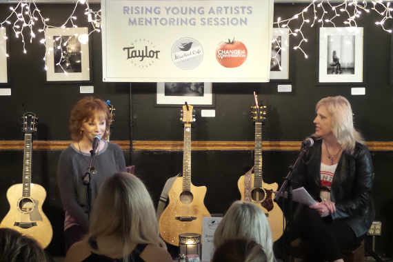 Reba (L) speaks at the March 29 Change The Conversation Mentoring Event with Beverly Keel (R).