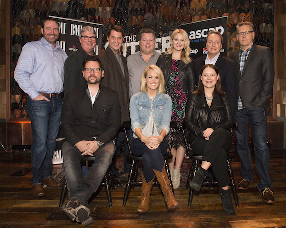 Pictured- (L-R): Back Row: Sony ATVs Josh Van Valkenburg, BMGs Chris Oglesby, ASCAPs Michael Martin, BMIs Bradley Collins, ASCAPs Beth Brinker, BMIs Jody Williams and Arista Nashvilles Randy Goodman. Front Row: Chris DeStefano, Carrie Underwood, and Hillary Lindsey.   