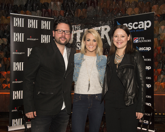 Pictured (L-R): ASCAP songwriter Chris DeStafano, BMI songwriter Carrie Underwood, ASCAP songwriter Hillary Lindsey 