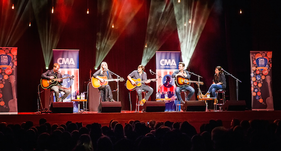 Pictured (L-R): Shane McAnally, Ashley Monroe, Charlie Worsham, Charles Esten, and Lori McKenna perform during the CMA Songwriters Series Thursday at indigo at The O2 in London. Photo: Anthony D'Angio/CMA