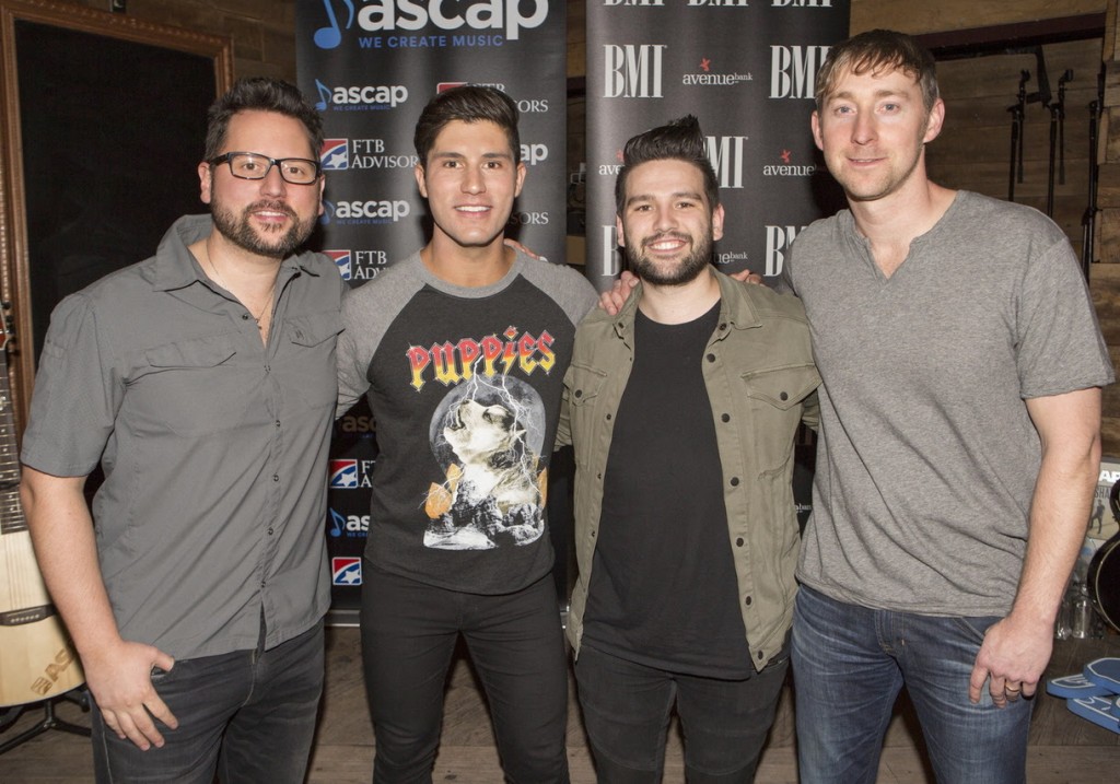 Pictured (L-R): Co-writers Chris DeStefano, Dan + Shay's Dan Smyers & Shay Mooney, and Ashley Gorley