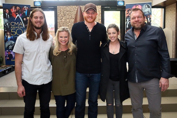 Pictured (L-R): Brenden Oliver, CMA Membership and Balloting Manager; Brandi Simms, CMA Senior Director of Membership and Balloting; Eric Paslay; Rachel Silver, Red Light Management; Scott Scovill, CMA Board member and owner of Moo TV, CenterStaging, and Moo Creative Media. Photo: Kayla Schoen / CMA