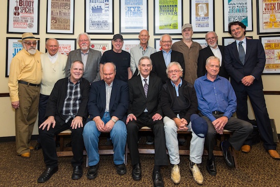 Pictured (Back Row, L-R): Former Nashville Cats honorees Buddy Spicher, Bill Walker, Jimmy Capps, Eddie Bayers, Michael Rhodes, Steve Gibson, David Briggs, and Norbert Putnam; and the Country Music Hall of Fame and Museums Peter Cooper; (Front Row, L-R): former Nashville Cats honorees Paul Franklin and Hargus Pig Robbins, Pete Wade, and former Nashville Cats honorees Bergen White and Billy Sanford. Photo: Kelli Dirks, CK Photo