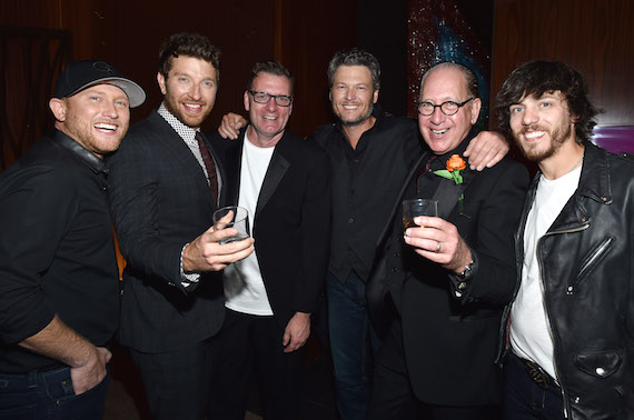 Pictured (L-R): Cole Swindell, Brett Eldredge, Peter Strickland (EVP & GM, WMN), Blake Shelton, John Esposito (President & CEO, WMN), Chris Janson 