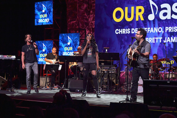 Pictured (L-R): Songwriters Brett James, Priscilla Renea and Chris DeStefano speak onstage during the ASCAP Annual Membership Meeting and ASCAP EXPO on April 28. Photo: Lester Cohen/Getty Images for ASCAP