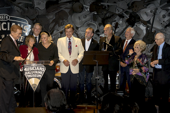 Pictured (L-R): Harold Bradley, Jo Walker-Meador, Mike Curb, LaRawn Scaife Rhea, Ray Walker, Ray Stevens, Joe Scaife, Bob Fisher, Charlie McCoy