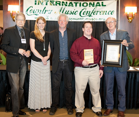  Pictured (L-R): Dr. James Akenson, Co-Chair of the International Country Music Conference; Beville Dunkerley, editor at Rolling Stone Country, which sponsors the Chet Flippo Award; award winner Pete Finney; Michael Gray, Country Music Hall of Fame and Museum, accepted on behalf of winner Peter Guralnick; and Dr. Don Cusic, Co-Chair of the International Country Music Hall of Fame. 