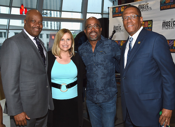 Pictured (L-R): H. Beecher Hicks III, NMAAM President/CEO, Nashville Mayor Megan Barry, Singer/Songwriter/NMAAM National Chairperson Darius Rucker and Kevin P. Lavender NMAAM Board/Fifth Third Bank attend NMAAM National Chairs And Fundraising Progress Press Conference at Nashville Visitor Center on May 2, 2016 in Nashville, Tennessee. Photo: Rick Diamond/Getty Images for National Museum of African American Music