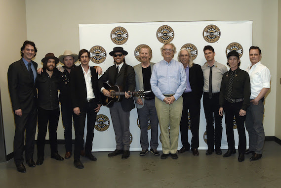 Pictured (L-R): Country Music Hall of Fame and Museum editor Peter Cooper, Old Crow Medicine Shows Joe Andrews, Critter Fuqua, Cory Younts, Chance McCoy, Nashville Cat and session player on Blonde on Blonde Mac Gayden, Country Music Hall of Fame and Museum CEO Kyle Young, Nashville Cat and session player on Blonde on Blonde Wayne Moss, Old Crow Medicine Show's Ketch Secor, Kevin Hayes and Morgan Jahnig 