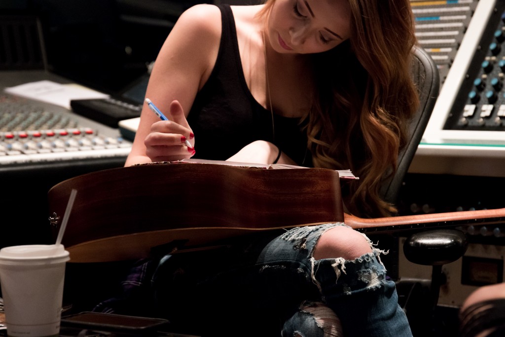 Kalie Shorr in the writing room during the pop-up YouTube Space at Black River Entertainment.