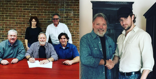 Left photo (L to R): Brian Smith, Leadership Artists; Trish Holman, Mansion Entertainment; John Berry; Dewayne Brown, Sony RED; John Mathis, Mansion Entertainment. Right photo, L-R: John Berry; Don Murry Grubbs, Absolute Publicity