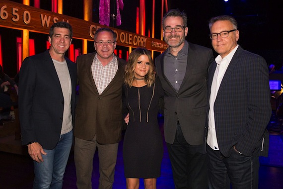 Pictured (L-R): Ken Robold, EVP & COO, Sony Music Nashville; Pete Fisher, Vice President & General Manager, Grand Ole, Opry; Maren Morris; Steve Buchanan, President, Opry Entertainment Group; Randy Goodman, Chairman & CEO, Sony Music Nashville. Photo: Rachael Black, Grand Ole Opry.