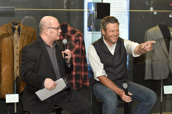 Country Music Hall of Fame and Museum historian Michael McCall (L) interviews singer-songwriter Blake Shelton during the debut of the "Blake Shelton: Based on a True Story" Exhibit at Country Music Hall of Fame and Museum on June 6, 2016 in Nashville, Tennessee. (Photo by John Shearer/Getty Images for Country Music Hall Of Fame & Museum)