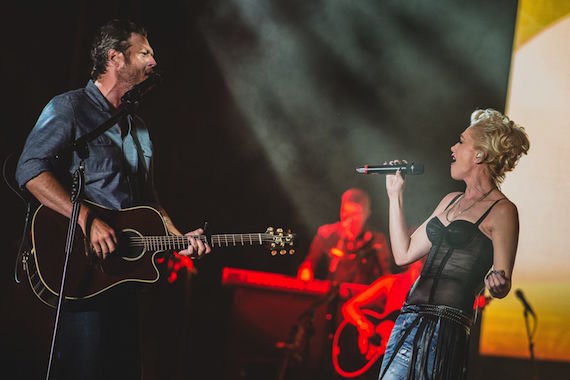 Gwen Stefani helps Blake Shelton celebrate his 40th Birthday at 25th Anniversary Country Jam joining him onstage to perform their song "Go Ahead And Break My Heart." Photo: Joshua Timmermans / Country Jam