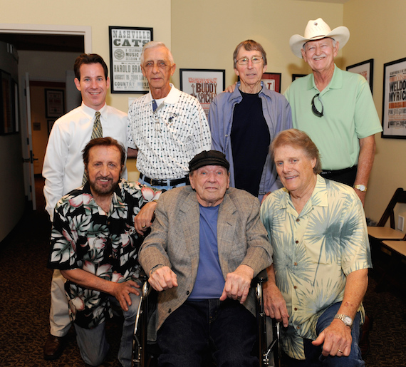 Pictured (Back row, L-R): Museum Editor Michael Gray, Gene Chrisman, Bobby Emmons and Weldon Myrick; (Front row, L-R): Bobby Wood, Chips Moman and Reggie Young. Photo: Donn Jones