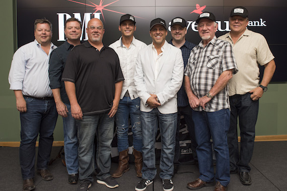 Pictured (L-R): BMIs Bradley Collins, songwriter Frank Rogers, Sea Gayles Marc Driskill, BMI songwriter Granger Smith, Wheelhouses Jon Loba, Warner/Chappells Ben Vaughn, BBRs Benny Brown and BMIs David Preston. Photo: Erika Goldring 