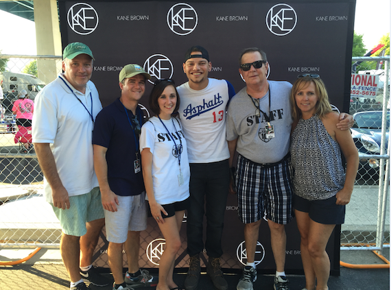 Pictured (L-R): Keith Gale, RCA Nashville; Parker Fowler, RCA Nashville, Melissa (Mo) Turner, WUSY; Kane Brown; Dex Poindexter, WUSY; Liz Sledge 