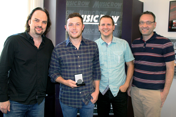 Pictured (L-R): Sherod Robertson, Owner/Publisher, MusicRow; Scotty McCreery, Troy Stephenson, Chart Director, MusicRow; Craig Shelburne, GM, MusicRow. Photo: Molly Hannula