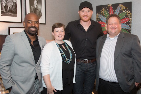 Eric Paslay (second from right) meets CMA Music Teachers of Excellence (l-r) Franklin Willis, Tracy Roberts, and Jason Walsh backstage at the Grand Ole Opry. Photo: Chris Hollo