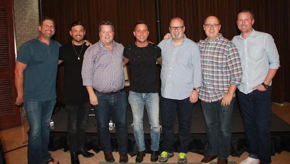 Pictured (L-R): songwriter Tommy Cecil, manager Zach Beebe, BMIs Bradley Collins, singer-songwriter Carter Winter, producer Mark Bright, producer Chad Carlson, and APAs Jim Butler. 