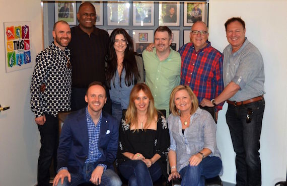 Pictured (L-R, back row): Austen Adams, attorney; Jon Platt, Warner/Chappell; Anna Weisband, THiS Music; Ben Vaughn, Warner/Chappell Music; Phil May, Warner/Chappell Music; Tim Nichols, THiS Music. Front: Rusty Gaston, THiS Music; Jessi Alexander; Connie Harrington, THiS Music.