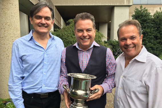 Jeff Gregg (center) received the ceremonial Leadership Music Presidents Cup as incoming President of the organization. Mike Craft (left) is immediate Past President and Stacy Widelitz (right) is President-Elect