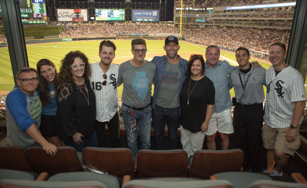 Pictured (L to R): Dan Rogers, Opry; Lauren Zimmerman, Opry; Neda Tobin, Red Bow Records; Chase Bryant; Jeff Kapugi, US 99.5; Nick Harley, Fitzgerald Hartley; Heather Middleton, Nashville CVC; Pete Fisher, Opry; Anthony Olivo, Chicago White Sox; Mike Kasper, US 99.5. Photo: Jeff Johnson 