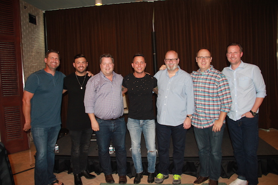 Pictured: (L-R): BMI songwriter Tommy Cecil, manager Zach Beebe, BMIs Bradley Collins, BMI singer-songwriter Carter Winter, producer Mark Bright, producer Chad Carlson, and APAs Jim Butler. 