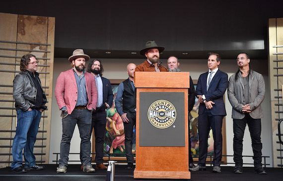 Pictured (L-R): Drummer Chris Fryar, music arranger Coy Bowles, songwriter Clay Cook, musical artist Matt Mangano, singer Zac Brown, musician John Driskell Hopkins, musical artist Jimmy De Martini and percussionist Daniel de los Reyes. Photo: Jason Davis/Getty Images for Country Music Hall Of Fame & Museum