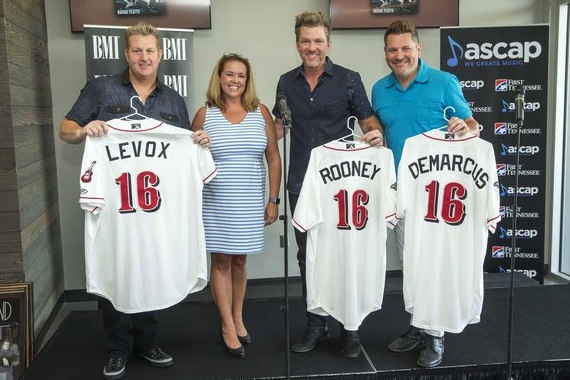 Pictured (L-R): Gary LeVox; Amy Schoch, VP Human Resources, Nashville Sounds; Joe Don Rooney, Jay DeMarcus. Photo: John Russell