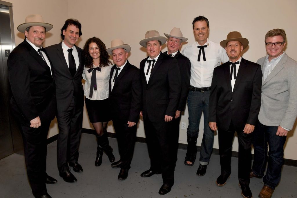 Pictured (L-R): The Earls of Leicester's Jerry Douglas; Country Music Hall of Fame and Museum's Peter Cooper and Abi Tapia; The Earls of Leicester's Charlie Cushman, Shawn Camp, Jeff White, Barry Bales and Johnny Warren; and McLachlan Management's Andrew Stokes at Country Music Hall of Fame and Museum Photo by Jason Davis/Getty Images for Country Music Hall Of Fame & Museum