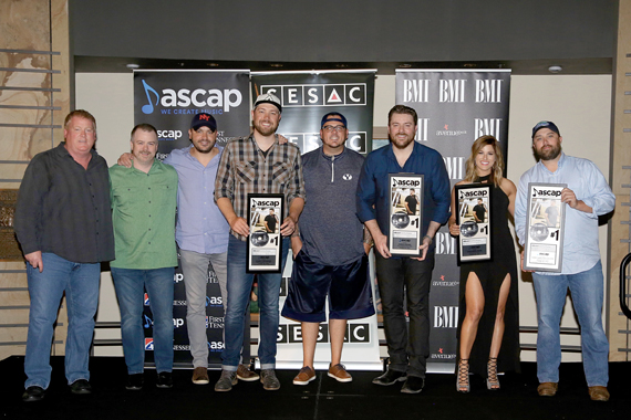 Pictured (L-R): ASCAP Senior Creative Director Mike Sistad; Warner/Chappell Music Publishing's Ben Vaughn and Travis Carter; ASCAP songwriter Corey Crowder; Josh Hoge, Chris Young, Cassadee Pope; Liz Rose Music's Scott Ponce