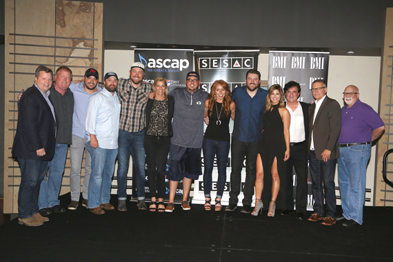 Pictured (L-R): BMIs Bradley Collins; ASCAPs Mike Sistad; Warner Chappells Travis Carter; Liz Rose Musics Scott Ponce; songwriter Corey Crowder; SESACs Shannan Hatch; songwriter Josh Hoge; Sony ATVs Hannah Williams; BMI singer-songwriter Chris Young; singer Cassadee Pope; BMLGs Scott Borchetta; Sonys Randy Goodman; Fitzgerald Hartley Managements Larry Fitzgerald. Photo: Alan Poizner