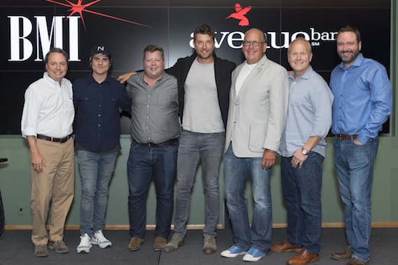 Pictured: (L-R): BMIs Jody Williams, BMI songwriter Ross Copperman, BMIs Bradley Collins, BMI singer-songwriter Brett Eldredge, Warner Music Nashvilles John Esposito, Sony ATVs Troy Tomlinson and Josh Van Valkenburg.