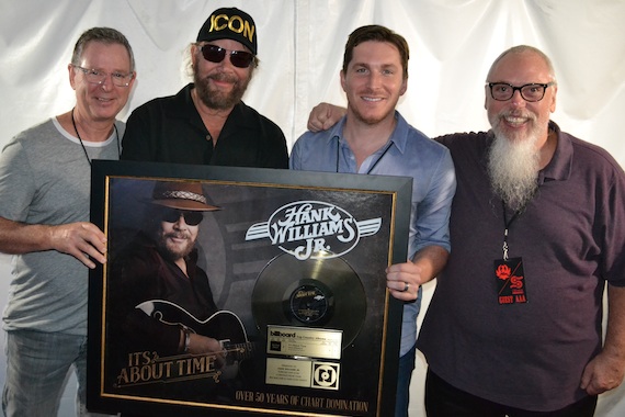 Pictured (L-R): Jim Weatherson, GM, Nash Icon Records; Hank Williams Jr.; John Zarling, SVP/Partnership Marketing & Promotion Strategy, BMLG; John Marks, Global Senior Editor/Music Programmer, Country, Spotify. Photo: Big Machine Label Group