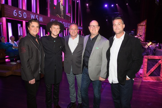 Pictured (L-R): Big Machine Label Group President/CEO Scott Borchetta, Trent Harmon, Grand Ole Opry Vice President/GM Pete Fisher, Big Machine Records SVP Promotion Jack Purcell and 19 Entertainment EVP/Worldwide Head of Music Jason Morey. Photo: Chris Hollo/Grand Ole Opry