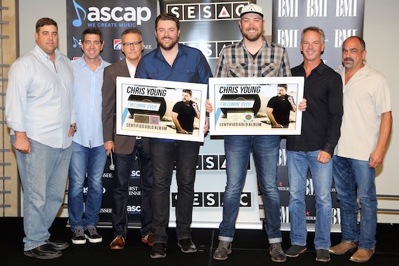 Pictured (L-R): Jim Catino, VP A&R, Sony Music Nashville; Ken Robold, EVP & COO, Sony Music Nashville; Randy Goodman, Chairman & CEO, Sony Music Nashville; Chris Young; ;Corey Crowder; Steve Hodges, EVP Radio Promotion & Artist Development; Paul Barnabee, SVP Marketing. Photo: Alan Poizner