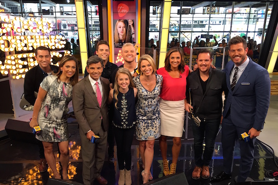 Pictured (L-R): Joey Gandolfo - guitar, GMA Host Ginger Zee, GMA Host George Stephanopoulos, Mike Naran- bass, Tegan Marie, Jack Mudd- drums, GMA Host Amy Robach, GMA Host Paula Faris, Ryan Phillips- mandolin and GMA Host Jesse Palmer. Photo: Tony Morrison/ABC News 